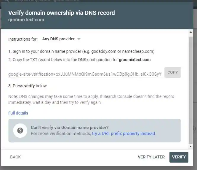 Steps to update of "TXT record" in HOSTGATOR server to "Verify domain ownership via DNS" record for new Google Search Console